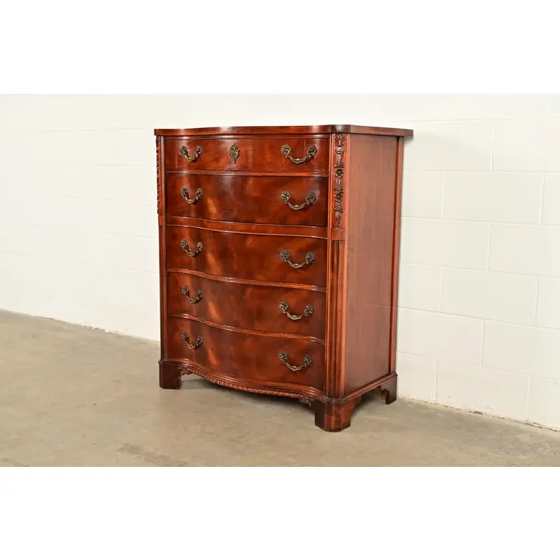 Century Furniture Georgian Carved Flame Mahogany Serpentine Front Five-Drawer Highboy Dresser | Circa 1950s - Image 3