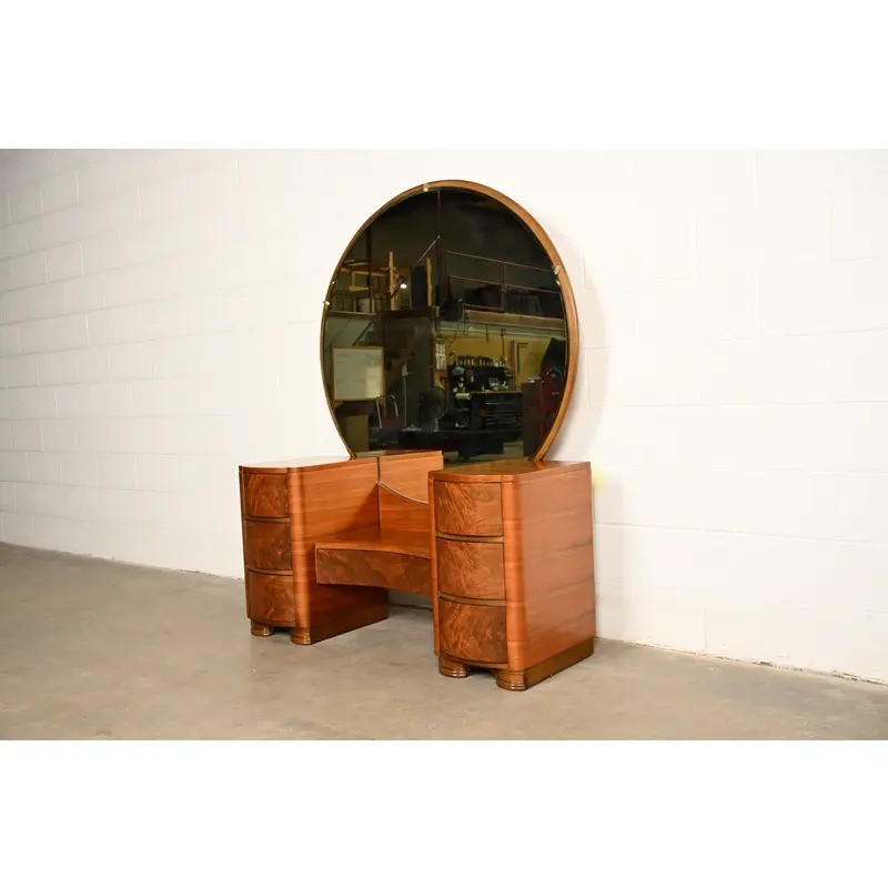Donald Deskey Style Art Deco Burl Wood Vanity Dresser With Mirror, Circa 1930s - Image 3