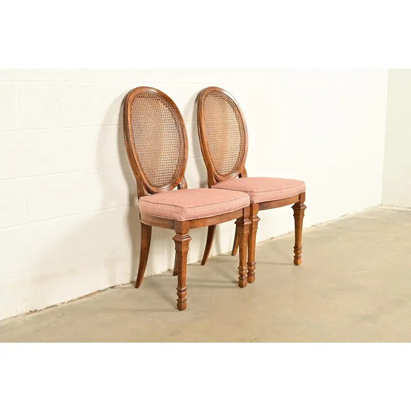 Drexel French Regency Louis XVI Carved Walnut Cane Back Side Chairs or Dining Chairs | Pair - Image 3
