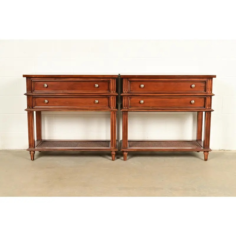 Drexel Heritage French Regency Louis XVI Carved Mahogany and Cane Console Tables or Servers, Pair - Image 3