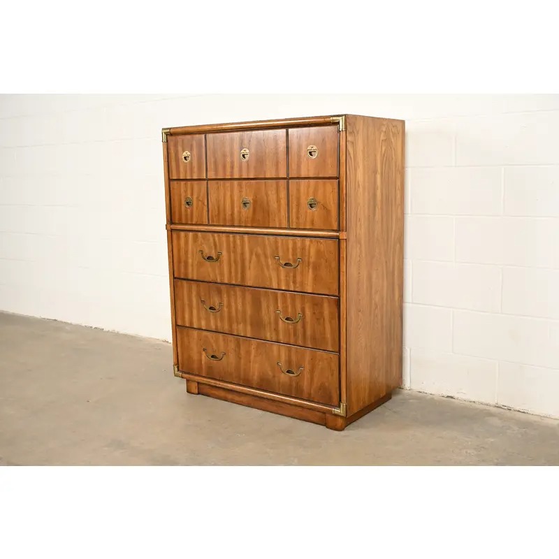 Drexel Heritage Mid-Century Modern Hollywood Regency Campaign Walnut Highboy Dresser, 1970s - Image 3