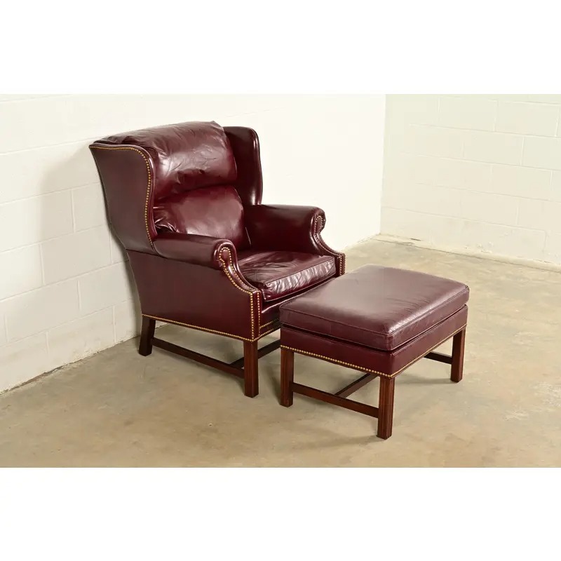 Hancock & Moore Chippendale Wingback Leather Lounge Chair With Ottoman - Image 3