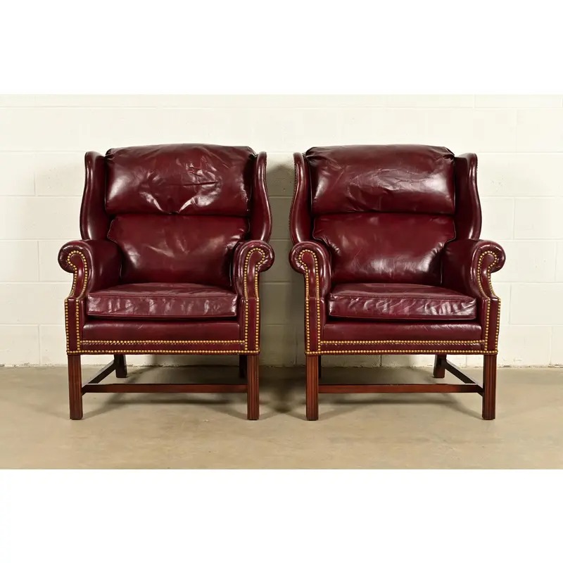 Hancock & Moore Chippendale Wingback Leather Lounge Chairs | Pair - Image 3