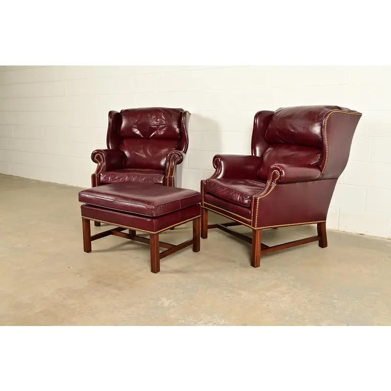 Hancock & Moore Chippendale Wingback Leather Lounge Chairs With Ottoman - Image 3