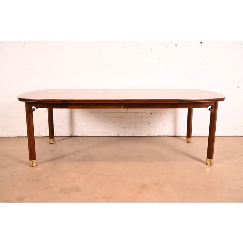 Henredon Mid-Century Modern Hollywood Regency Chinoiserie Walnut and Burl Wood Extension Dining Table | Newly Refinished - Image 3