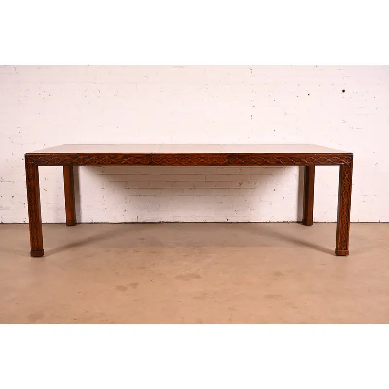 Henredon Mid-Century Modern Hollywood Regency Oak and Burl Wood Extension Dining Table, Newly Refinished - Image 3