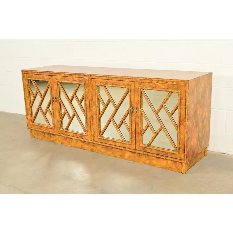 Henredon Style Mid-Century Hollywood Regency Faux Bamboo Mirrored Front Sideboard Credenza, Circa 1970s - Image 3