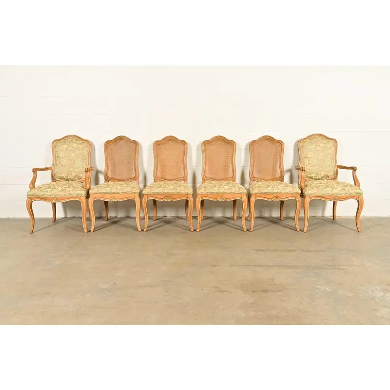 John Stuart French Provincial Louis XV Carved Oak and Cane Back Dining Chairs, Set of Six - Image 3