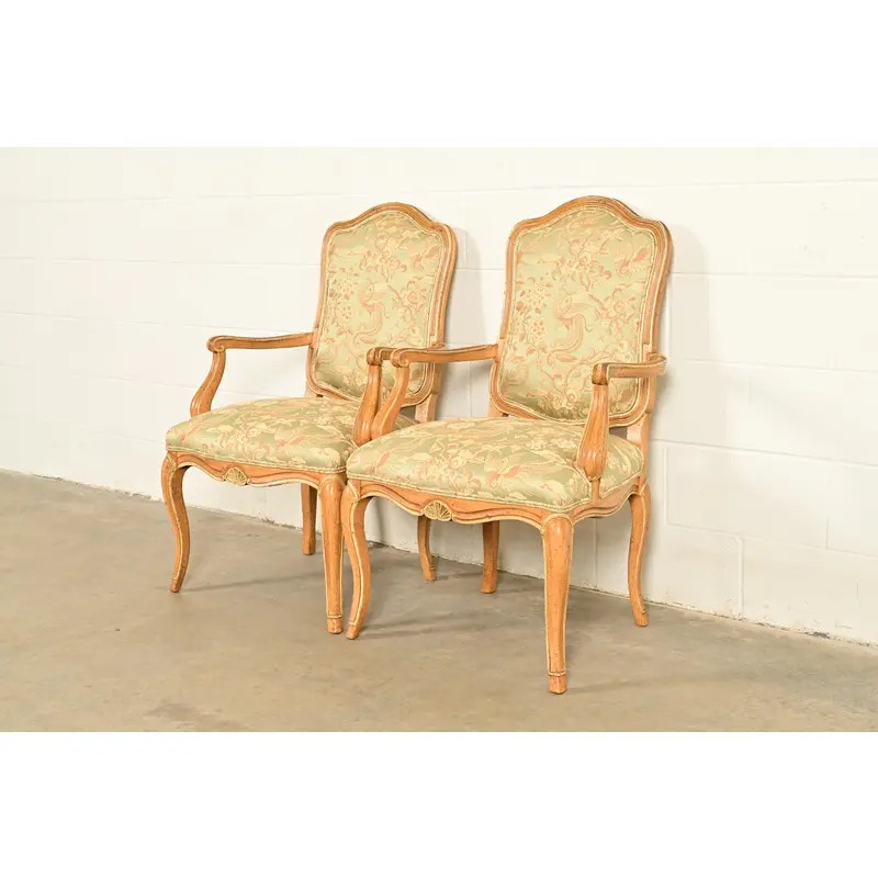 John Stuart French Provincial Louis XV Carved Oak Armchairs | Pair - Image 3