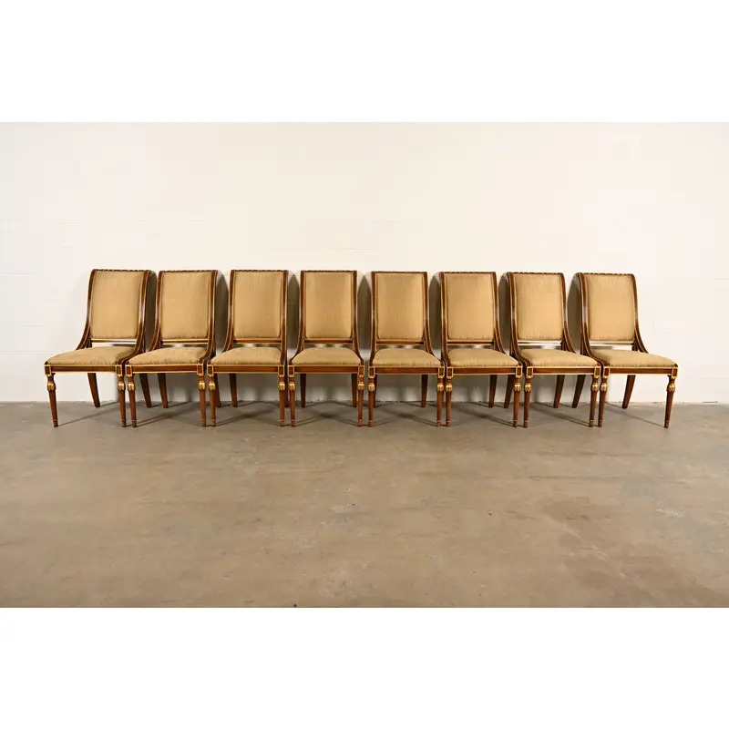 Karges French Regency Louis XVI Carved Walnut and Gold Gilt Dining Chairs | Set of Eight - Image 3
