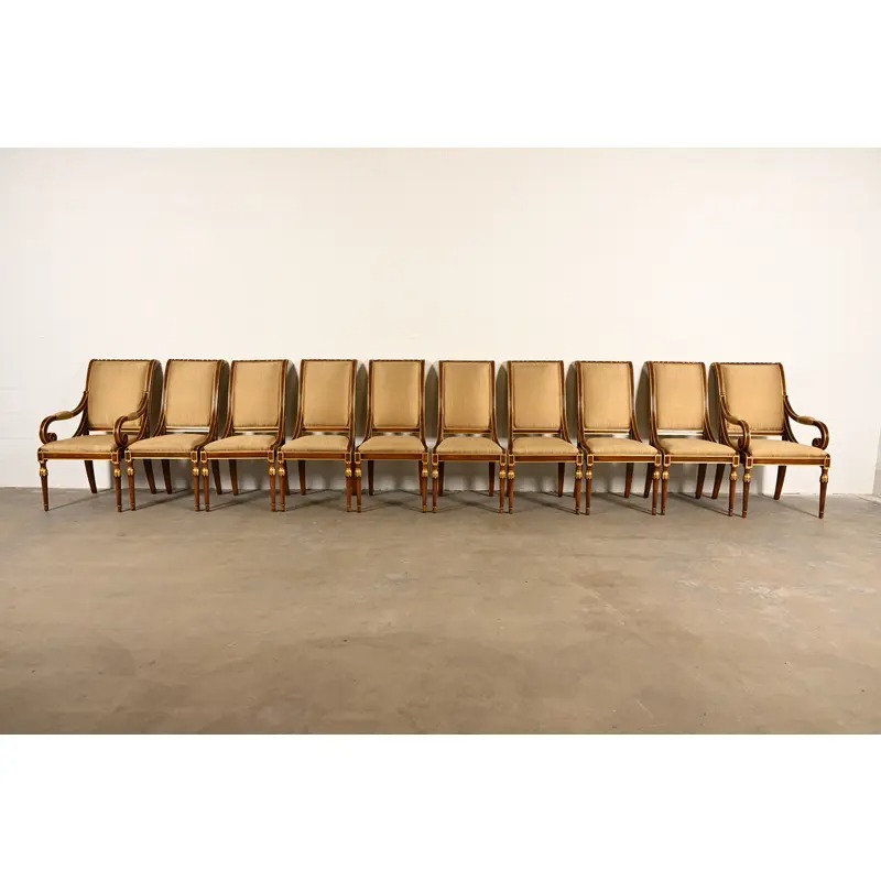 Karges French Regency Louis XVI Carved Walnut and Gold Gilt Dining Chairs | Set of Ten - Image 3
