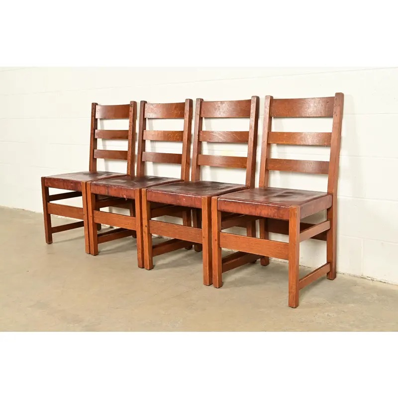 L. & J. G. Stickley Antique Mission Oak Arts & Crafts Ladder Back Dining Chairs | Set of Four - Image 3
