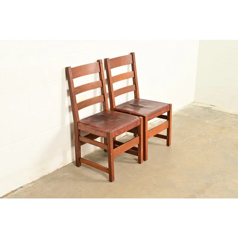 L. & J. G. Stickley Antique Mission Oak Arts & Crafts Ladder Back Side Chairs or Dining Chairs | Pair - Image 3