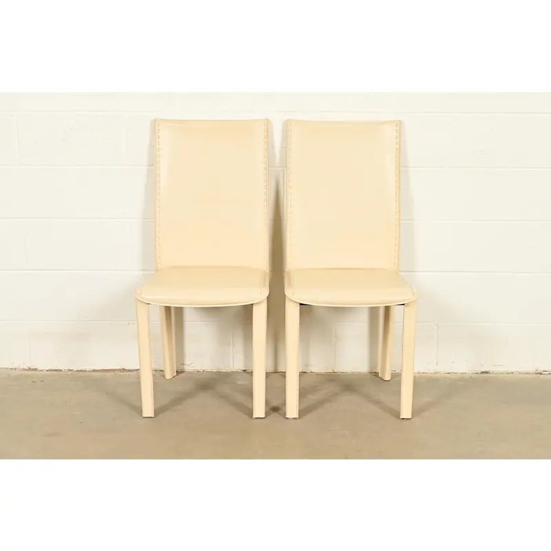 Mario Bellini Style Italian Modern Cream Leather Wrapped High Back Side Chairs or Dining Chairs, Pair - Image 3