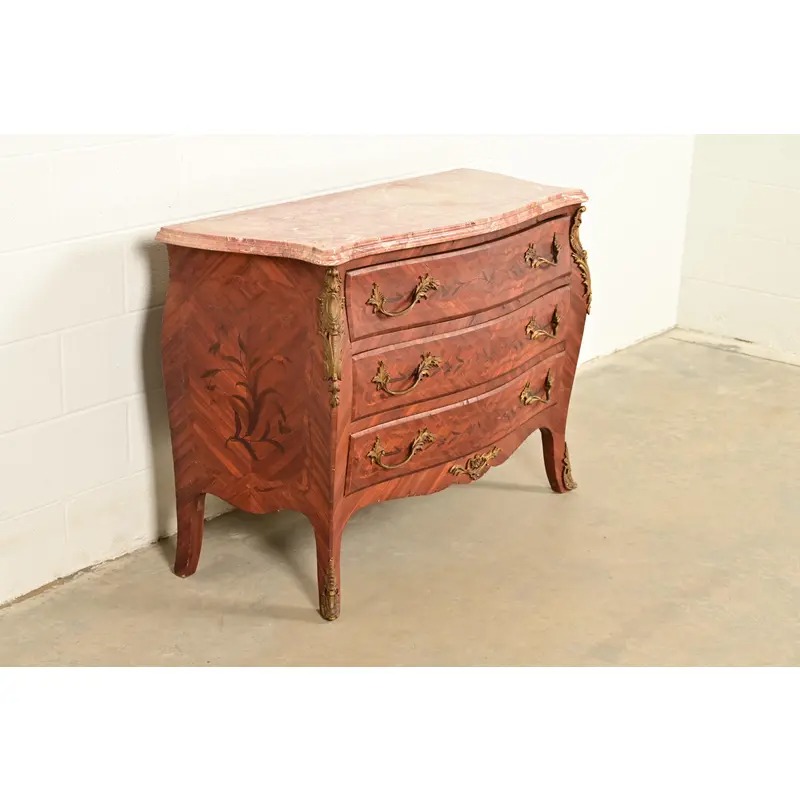 Paul Sormani Style Antique French Provincial Louis XV Kingwood Inlaid Marquetry Marble Top Commode With Mounted Ormolu | Circa 1920s - Image 3