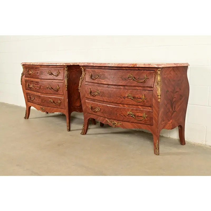 Paul Sormani Style Antique French Provincial Louis XV Kingwood Inlaid Marquetry Marble Top Commodes With Mounted Ormolu | Pair - Image 3
