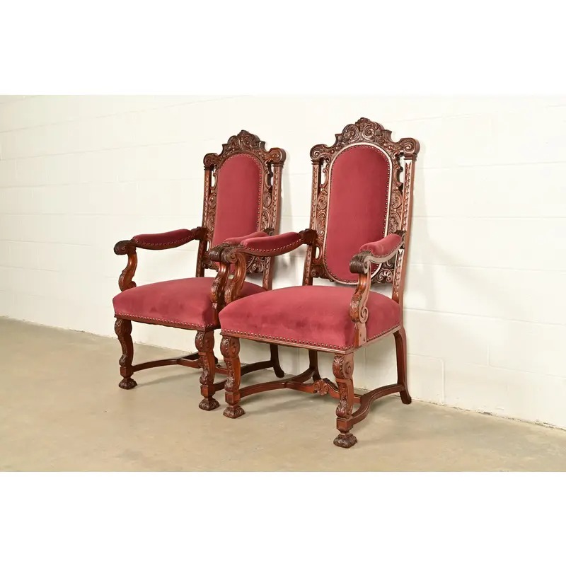 R. J. Horner Style Antique Renaissance Revival Carved Walnut Armchairs | Pair - Image 3