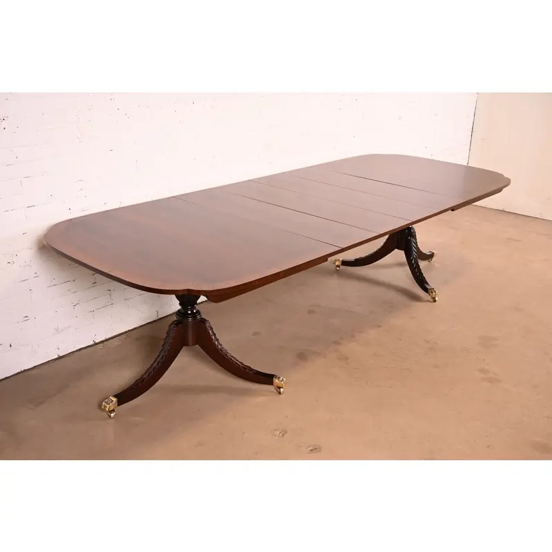 Stickley Georgian Banded Flame Mahogany Double Pedestal Extension Dining Table | Newly Refinished - Image 3