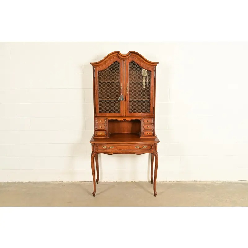 Thomasville French Provincial Carved Walnut Secretary Desk With Bookcase Hutch - Image 3