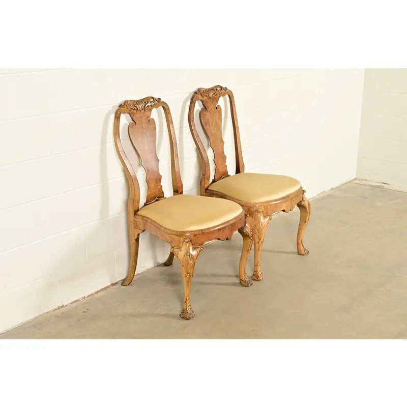18th Century Antique Thomas Chippendale Period Carved Burl Wood Side Chairs or Dining Chairs, Pair - Image 4