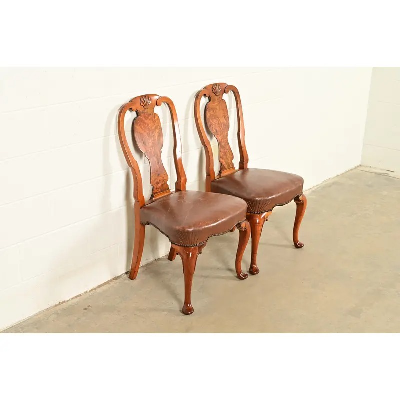 Antique English Queen Anne Burl Wood Side Chairs or Dining Chairs, Circa 1860s - Image 4