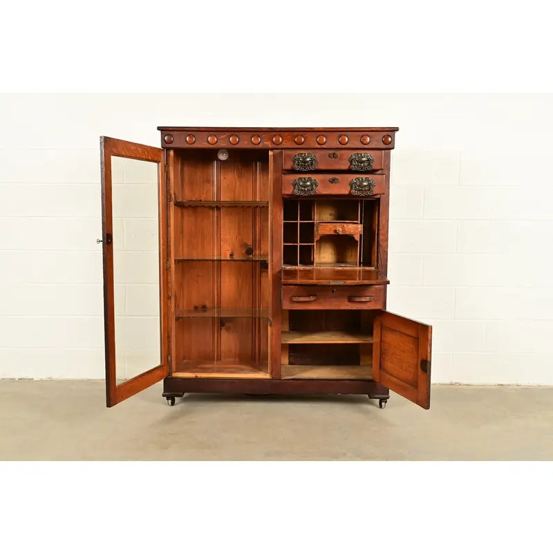 Antique Victorian Carved Oak Smoker's Display Cabinet With Drop Front Desk, Circa 1900 - Image 4