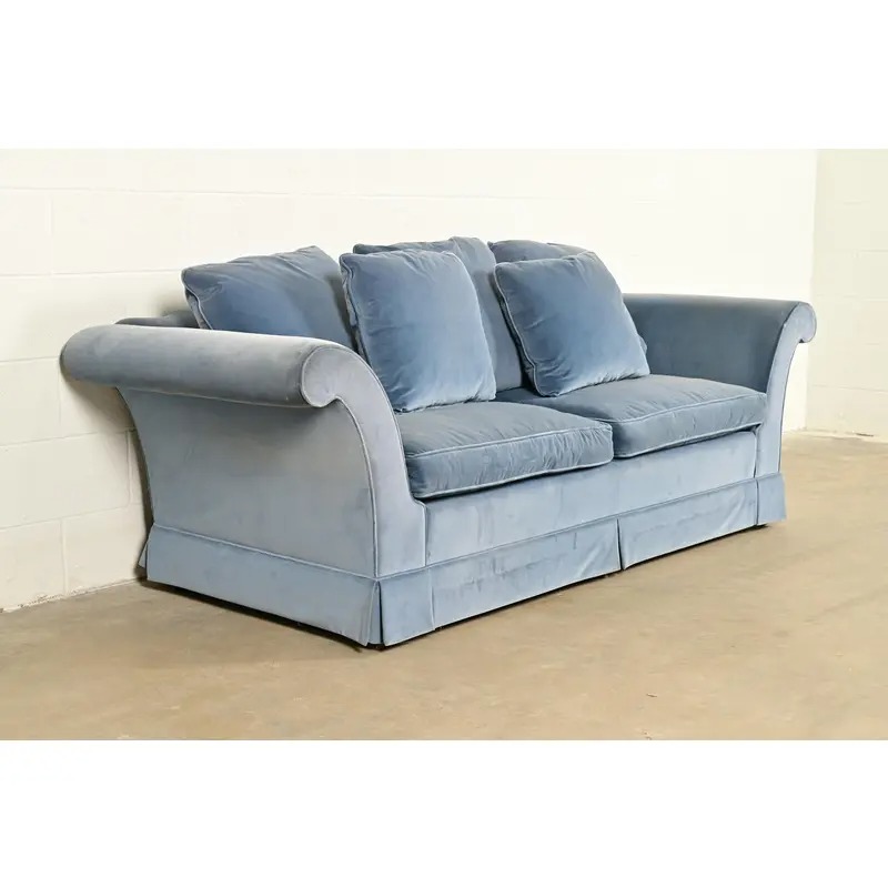 Baker Furniture Blue Velvet Upholstered Roll Arm Sofa - Image 4