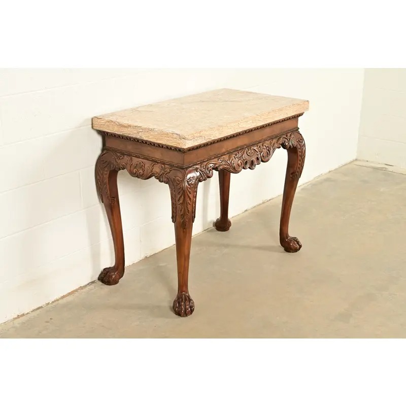 Baker Furniture Chippendale Carved Walnut Marble Top Console Table With Paw Feet - Image 4