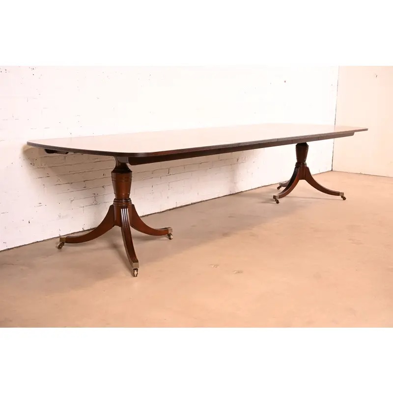 Baker Furniture Georgian Banded Mahogany Double Pedestal Extension Dining Table | Newly Refinished - Image 4