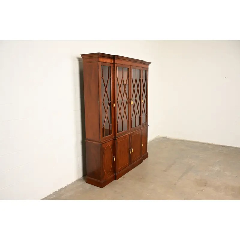 Baker Furniture Historic Charleston Georgian Inlaid Mahogany Breakfront Bookcase Cabinet - Image 4