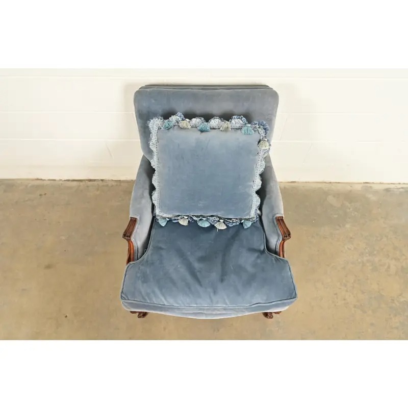 Baker Furniture Style French Provincial Louis XV Carved Walnut Velvet Upholstered Lounge Chair and Ottoman | Circa 1960s - Image 4