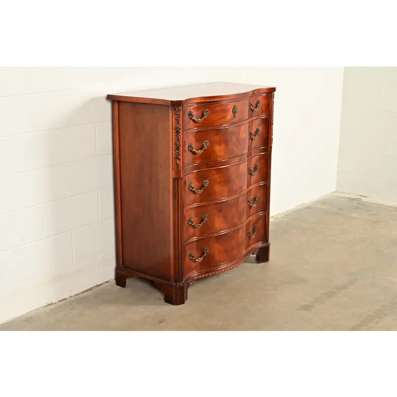 Century Furniture Georgian Carved Flame Mahogany Serpentine Front Five-Drawer Highboy Dresser | Circa 1950s - Image 4
