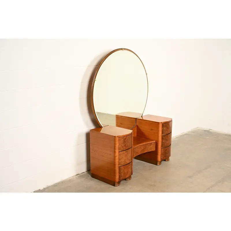Donald Deskey Style Art Deco Burl Wood Vanity Dresser With Mirror, Circa 1930s - Image 4