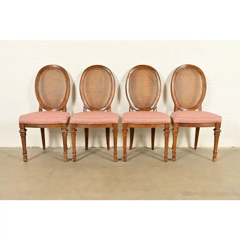 Drexel French Regency Louis XVI Carved Walnut Cane Back Dining Chairs | Set of Four - Image 4