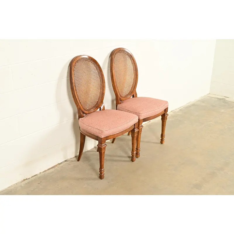 Drexel French Regency Louis XVI Carved Walnut Cane Back Side Chairs or Dining Chairs | Pair - Image 4