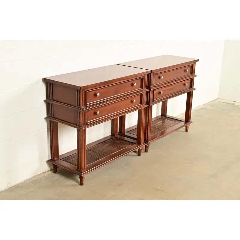 Drexel Heritage French Regency Louis XVI Carved Mahogany and Cane Console Tables or Servers, Pair - Image 4