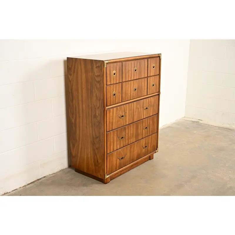 Drexel Heritage Mid-Century Modern Hollywood Regency Campaign Walnut Highboy Dresser, 1970s - Image 4
