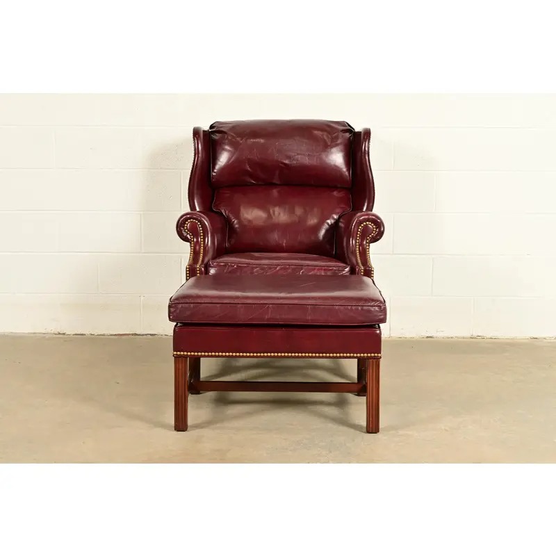 Hancock & Moore Chippendale Wingback Leather Lounge Chair With Ottoman - Image 4