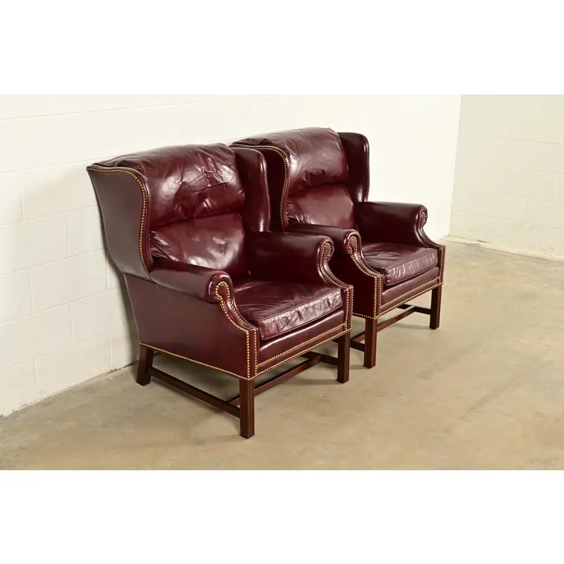 Hancock & Moore Chippendale Wingback Leather Lounge Chairs | Pair - Image 4
