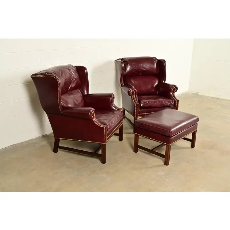 Hancock & Moore Chippendale Wingback Leather Lounge Chairs With Ottoman - Image 4