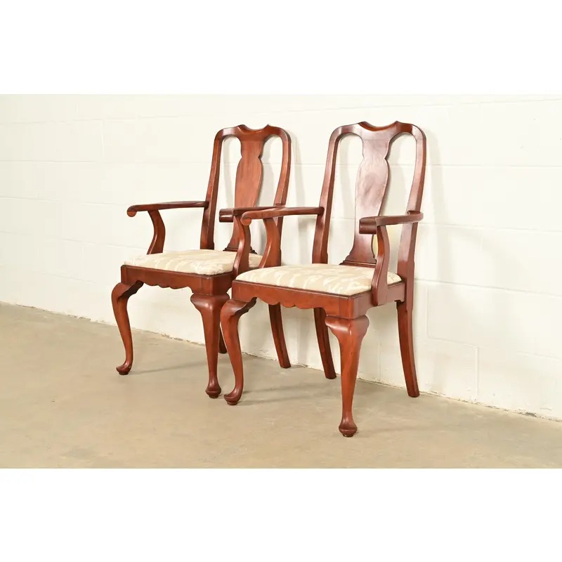 Henkel Harris Queen Anne Solid Cherry Wood Armchairs | Pair - Image 4