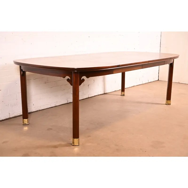Henredon Mid-Century Modern Hollywood Regency Chinoiserie Walnut and Burl Wood Extension Dining Table | Newly Refinished - Image 4