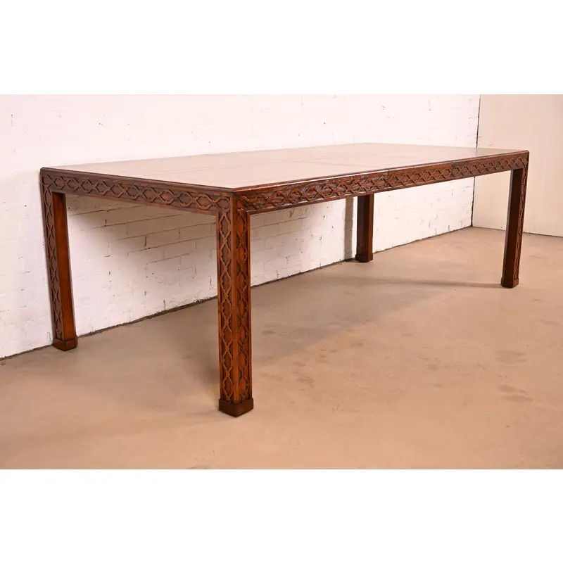 Henredon Mid-Century Modern Hollywood Regency Oak and Burl Wood Extension Dining Table, Newly Refinished - Image 4