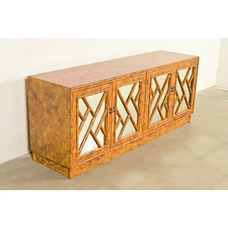 Henredon Style Mid-Century Hollywood Regency Faux Bamboo Mirrored Front Sideboard Credenza, Circa 1970s - Image 4