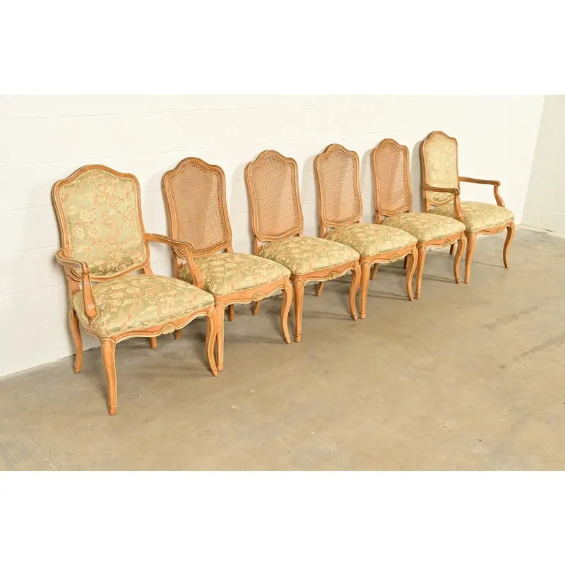 John Stuart French Provincial Louis XV Carved Oak and Cane Back Dining Chairs, Set of Six - Image 4