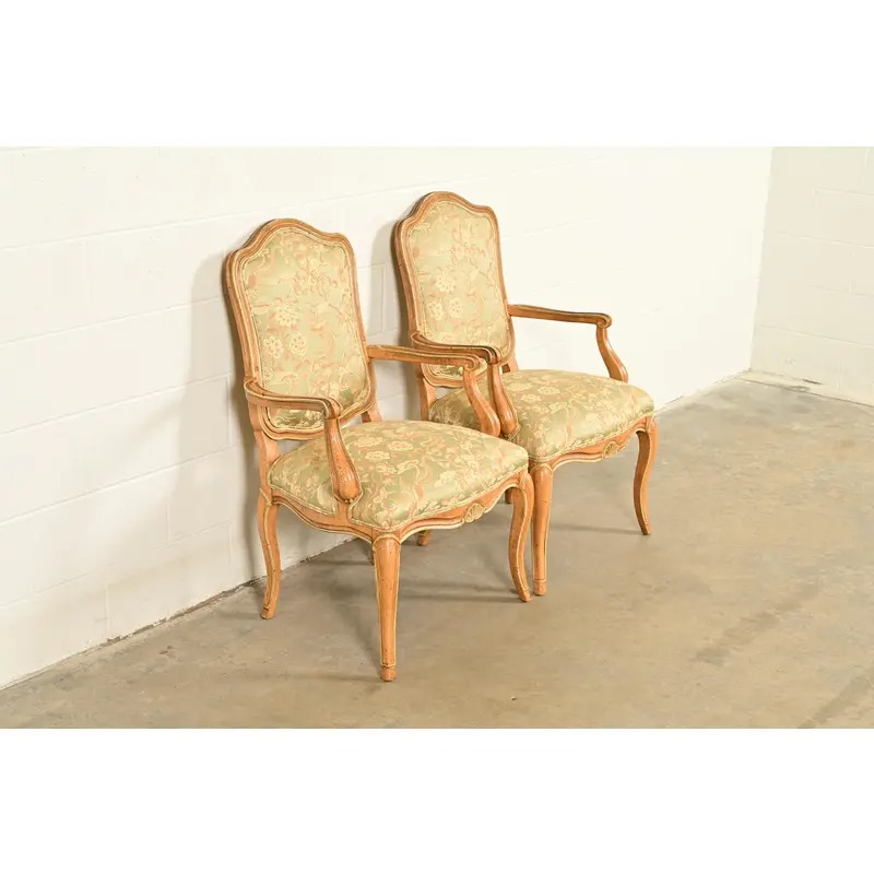 John Stuart French Provincial Louis XV Carved Oak Armchairs | Pair - Image 4