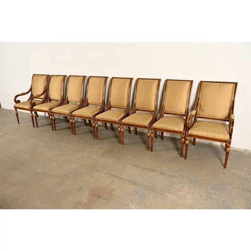 Karges French Regency Louis XVI Carved Walnut and Gold Gilt Dining Chairs | Set of Eight - Image 4