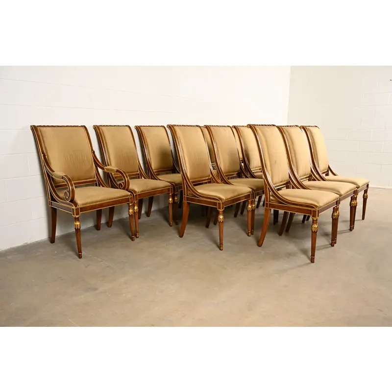 Karges French Regency Louis XVI Carved Walnut and Gold Gilt Dining Chairs | Set of Fourteen - Image 4