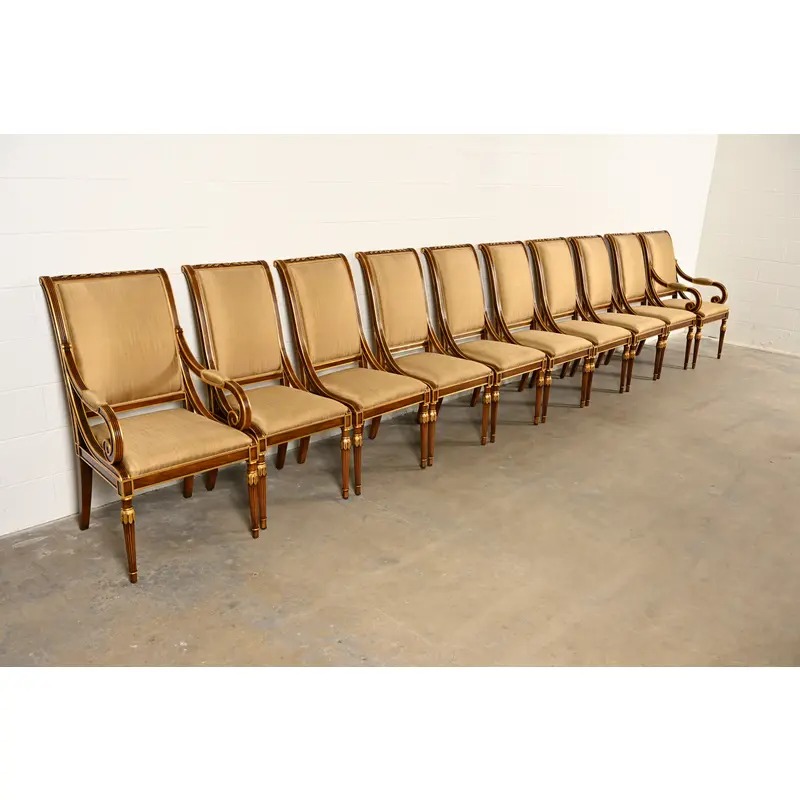 Karges French Regency Louis XVI Carved Walnut and Gold Gilt Dining Chairs | Set of Ten - Image 4