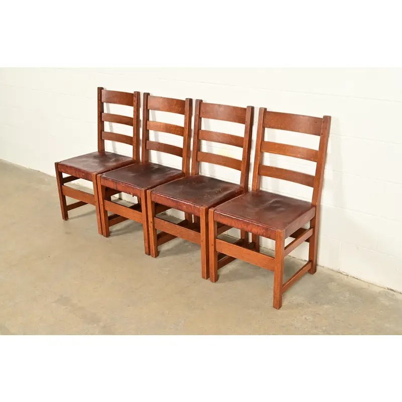 L. & J. G. Stickley Antique Mission Oak Arts & Crafts Ladder Back Dining Chairs | Set of Four - Image 4